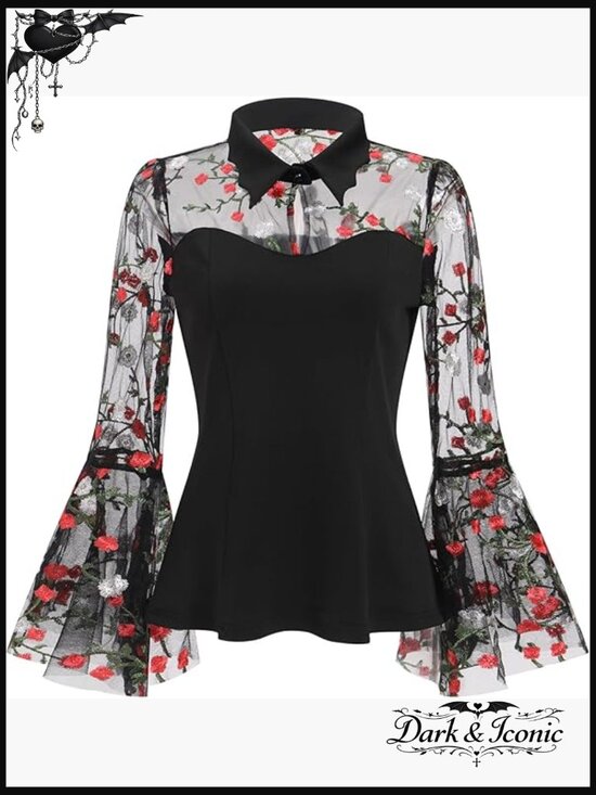 Tops - Gothic Bell Sleeve Blouse with Sheer Mesh - Vintage Rockabilly Top